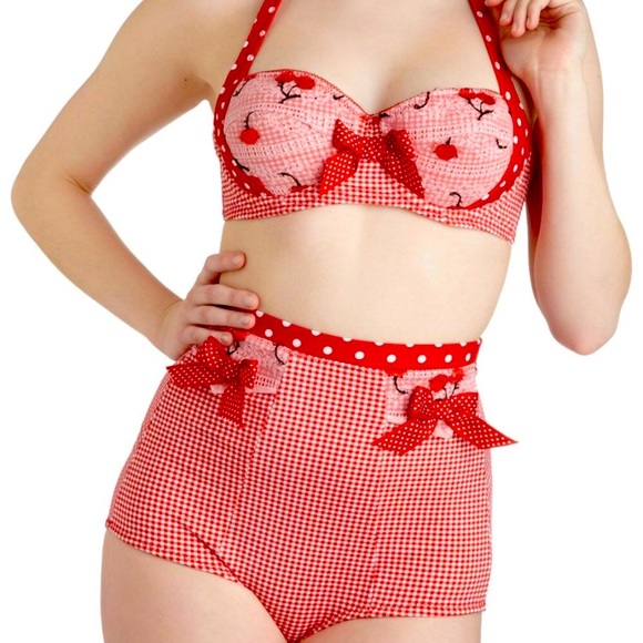 Modcloth Other - ADORABLE retro pinup cherry gingham polka dot lace swimsuit bikini 👙 🍒